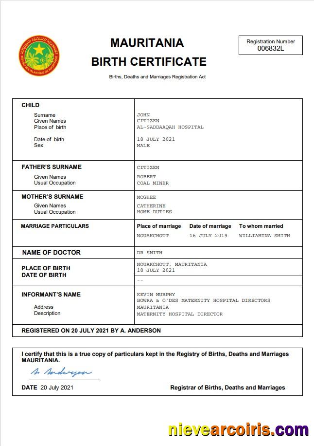 Mauritania birth certificate